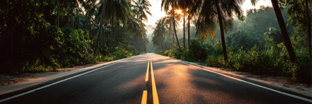 A winding road surrounded by lush palm trees stretches into the distance, illuminated by golden sunlight during early morning, creating a serene atmosphere.の素材