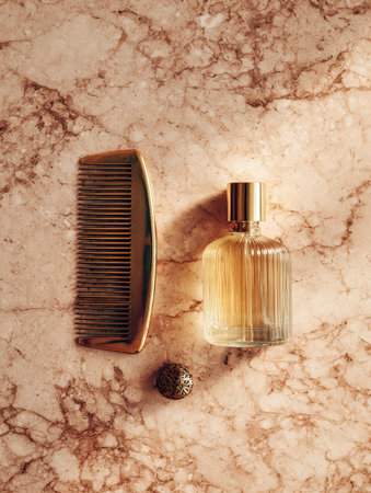 A retro comb and a bottle of oil are artistically arranged on a marble surface, offering a clear upper area perfect for branding or layout layouts.の素材