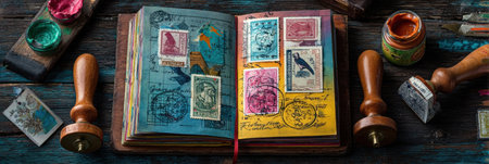 A scrapbook filled with colorful vintage stamps and sketches sits on a rustic wooden table alongside ink, seals, and crafting tools, inviting creativity.の素材