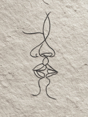 Minimalist artwork features a monochrome line drawing of a face on a textured cream background, leaving space in the upper section for enhancement or framing.の素材