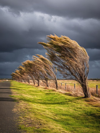 Trees bend in the strong wind along a winding rural road as ominous storm clouds gather, creating a striking natural scene during late afternoon.の素材
