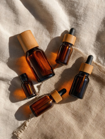 Essential oil bottles in various sizes are carefully arranged on a soft linen fabric during daylight, showcasing their rich amber color and wooden accentsの素材