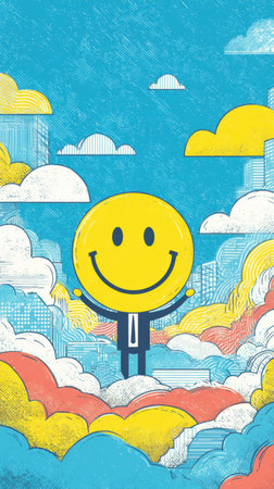 A cheerful yellow smiley figure stands against a vibrant backdrop of fluffy clouds and a city skyline, embodying a sense of optimism and joy.の素材