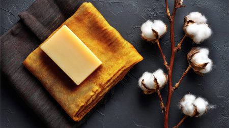 A bar of handmade soap rests on a mustard-colored cloth beside delicate cotton sprigs, showcasing a serene arrangement on a dark surface.の素材