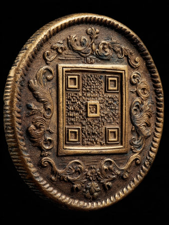 This medallion showcases sophisticated engravings and ornate patterns, reflecting skilled craftsmanship and historical artistry from a bygone era.の素材