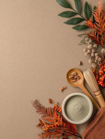 A collection of natural items for wellness including a bowl of powder, wooden tools, and vibrant autumn foliage creates a warm, inviting atmosphere.の素材