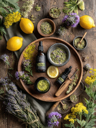 Various jars and bottles of essential oils and herbal remedies are arranged around fresh lemons and dried herbs on a wooden surface.の素材