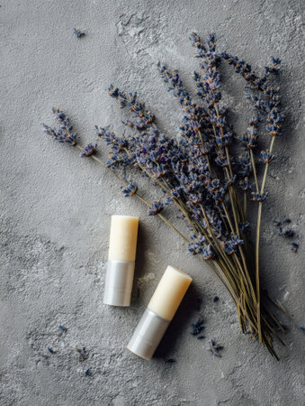 Lavender flowers are elegantly laid beside two natural balm tubes, creating a calming and soothing aesthetic on the textured gray surface.の素材