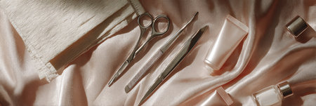 A collection of beauty products and small surgical instruments is tastefully displayed on a neutral soft cloth, creating an elegant and clean aesthetic.の素材