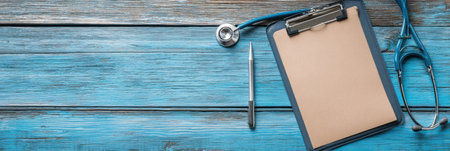 Plastic surgery certificate lies next to a stethoscope and pen on a clipboard, ready for patient documentation in a medical office environment.の素材