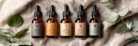 Five dropper bottles filled with herbal extracts are lined up on soft fabric with leaves in the background, emphasizing natural remedies and wellness.の素材