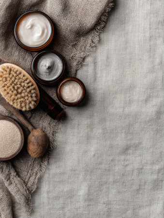 Artisanal handmade cosmetics are displayed on a soft linen cloth, showing a variety of textures and colors perfect for enhancing natural beauty routines.の素材