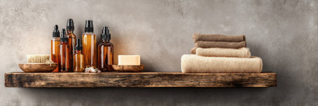 A collection of natural beauty products including oils, soaps, and towels arranged neatly on a rustic wooden shelf, highlighting simplicity and tranquility.の素材