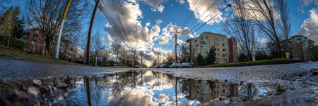 A residential street features a large puddle reflecting the vibrant clouds above at sunset, with trees and buildings lining the road.の素材
