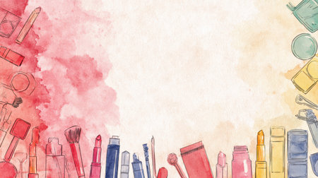 Eye-catching watercolor background features delicate outlines of makeup products in soft hues, inviting creativity in a calm, stylish space.の素材