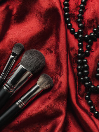 Set of makeup brushes and black beads displayed elegantly on rich black satin, with the upper section remaining untouched, showcasing preparation for an event.の素材