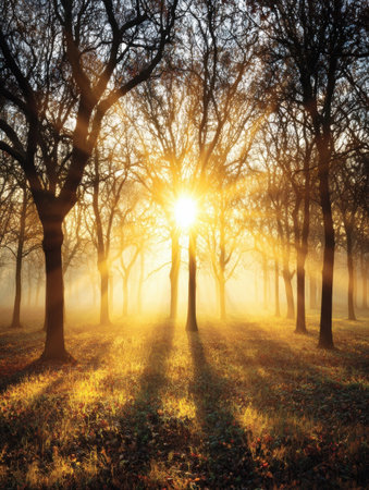 Sunlight streams through the branches of trees, illuminating a foggy forest floor in the calmness of morning, creating a peaceful and tranquil atmosphere.の素材