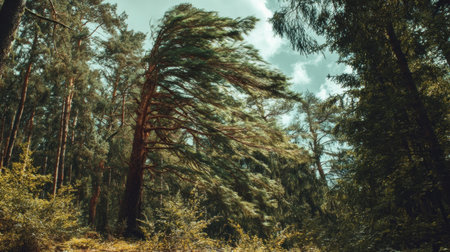 Tall trees bend gracefully as the wind blows through a vibrant forest, creating a dynamic display of natures power on a warm summer day.の素材