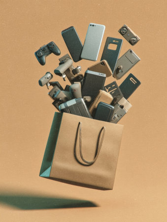 A shopping bag bursts with an array of modern electronic devices, showcasing gadgets like smartphones, game controllers, and audio equipment in mid-air.の素材