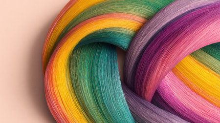 Vibrant rainbow hair strands are artistically arranged, showcasing a smooth blend of colors in a clean, elegant layout against a soft backdrop.の素材