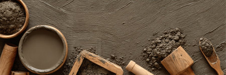 Artists prepare clay and tools for crafting while showing different textures and shades of brown in a creative workspace filled with natural materials.の素材