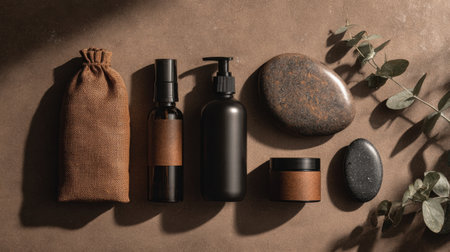 A curated display of black skincare bottles and jars with a fabric pouch and smooth stones, all arranged aesthetically on a stone surface with greenery.の素材