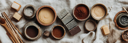 Artisanal handmade cosmetics are elegantly arranged on linen, showcasing their natural ingredients and earthy textures for beauty enthusiasts.の素材