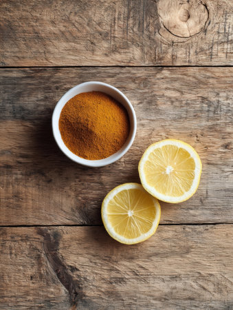 Bright lemon slices sit beside a bowl of golden spice on a weathered wooden table, creating an inviting atmosphere for cooking and flavor exploration.の素材