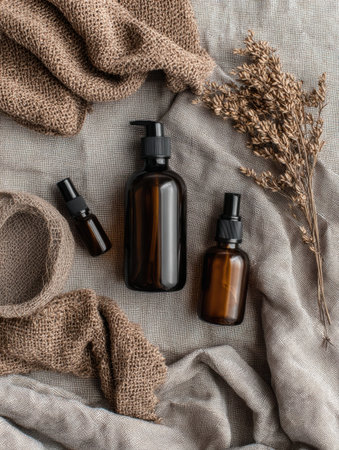 Amber glass bottles are artistically arranged on a soft linen fabric alongside dried flowers, creating a serene and elegant atmosphere in natural lighting.の素材