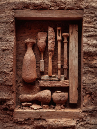 Artifacts including pottery and tools are arranged in a niche built into a clay wall at an archaeological site, showcasing historical craftsmanship.の素材