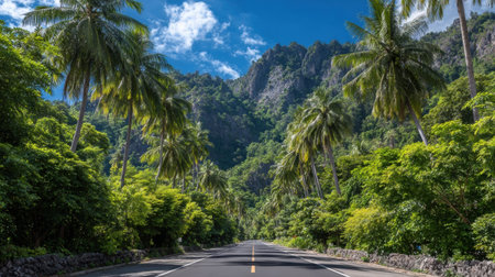 A scenic road stretches through vibrant greenery with towering palm trees and rugged mountains in the background, enhancing the natural beauty.の素材