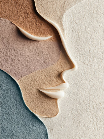 Stylized facial features are elegantly depicted over a powdery soft-toned background, embodying a serene and minimalist skincare aesthetic.の素材