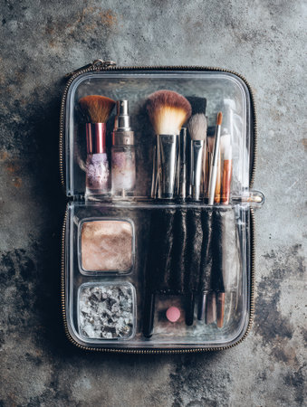 Colorful makeup case showcases an array of beauty products and tools arranged neatly on a rugged grunge surface, ideal for urban lifestyle enthusiastsの素材
