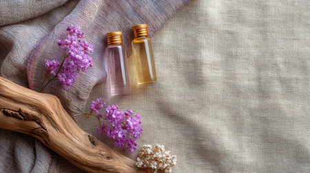 Two small glass bottles filled with oils are placed next to dried flowers and driftwood on a soft fabric surface, creating a calming and natural display.の素材