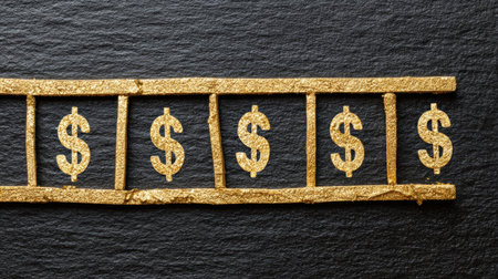 Golden dollar signs line a dark textured background, symbolizing wealth and financial success in a modern setting.の素材