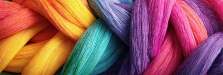 Vibrant strands of rainbow-colored hair are artistically intertwined, showcasing a blend of colors and clean border space that enhances the visual appeal.の素材