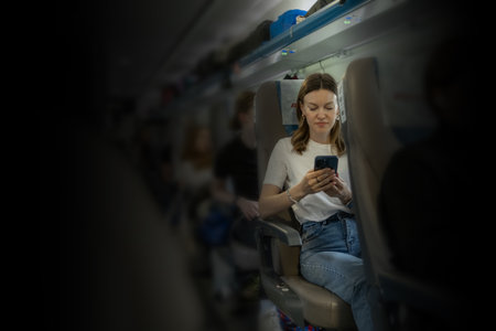 A young woman is focused on her smartphone while seated comfortably on an airplane, surrounded by...