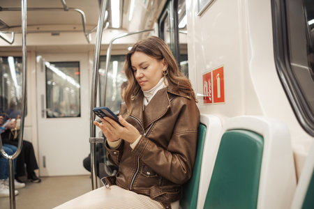 A young woman dressed in a leather jacket looks at her smartphone while seated on a subway bench during a daily commute in an urban environment.の写真素材