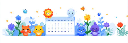 Cute cartoon animals are gathered beside a calendar, illustrating a cheerful atmosphere with vibrant flowers and a playful vibe around them.の素材