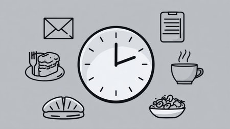 Illustrations display a clock alongside food items, a cup, and paperwork, symbolizing daily routines and time management in everyday life.の素材