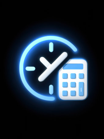 A glowing icon illustrating a clock and a calculator, symbolizing the concepts of time management, efficiency, and numerical calculation in planning.の素材