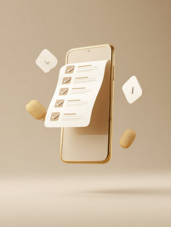 A mobile device hovers in a minimalist setting showing a checklist with checkmarks, emphasizing organization and task completion in modern technology.の素材