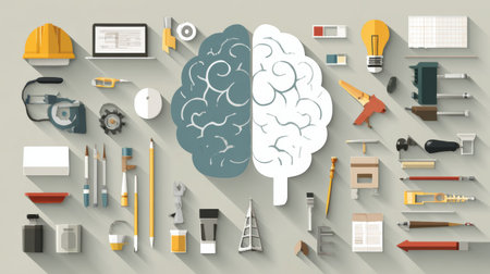 Various tools and creative objects are arranged around a brain illustration highlighting the blend of engineering and artistic concepts for innovative thinking.の素材