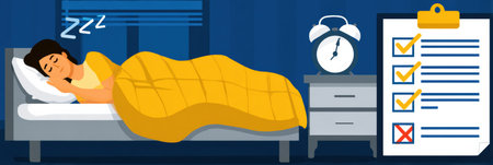 A person sleeps soundly in a cozy bedroom while a checklist of tasks awaits on a clipboard, highlighting the importance of restful sleep and organization.の素材