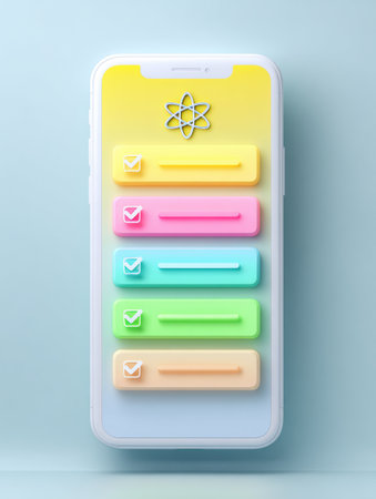 Vibrant phone screen shows a task list with checkboxes in pastel colors, featuring an atom symbol at the top, all against a soft blue background.の素材