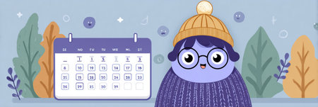 A cheerful character in glasses and a knitted hat stands next to a vibrant calendar, ideal for organizing events and tasks.の素材