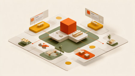 Colorful abstract elements illustrate a digital workspace where users can collaborate seamlessly through various tools and features in a modern setup.の素材