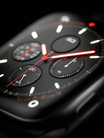 A detailed close-up showcases the face of a smartwatch illuminated in dim light, highlighting its functionalities and elegant design elements.の素材