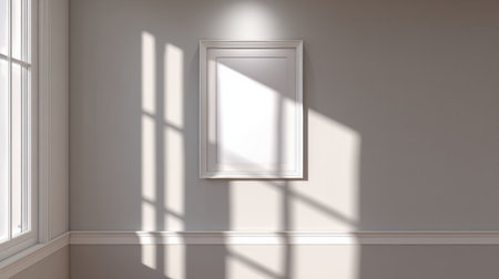 Soft sunlight filters through windows, casting delicate shadows on a muted wall, highlighting a vacant frame awaiting artwork in a calm interior.の素材