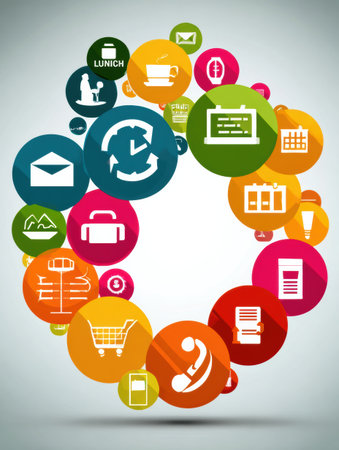 Brightly colored circular icons display various tools and services related to communication, scheduling, and productivity in a modern design.の素材